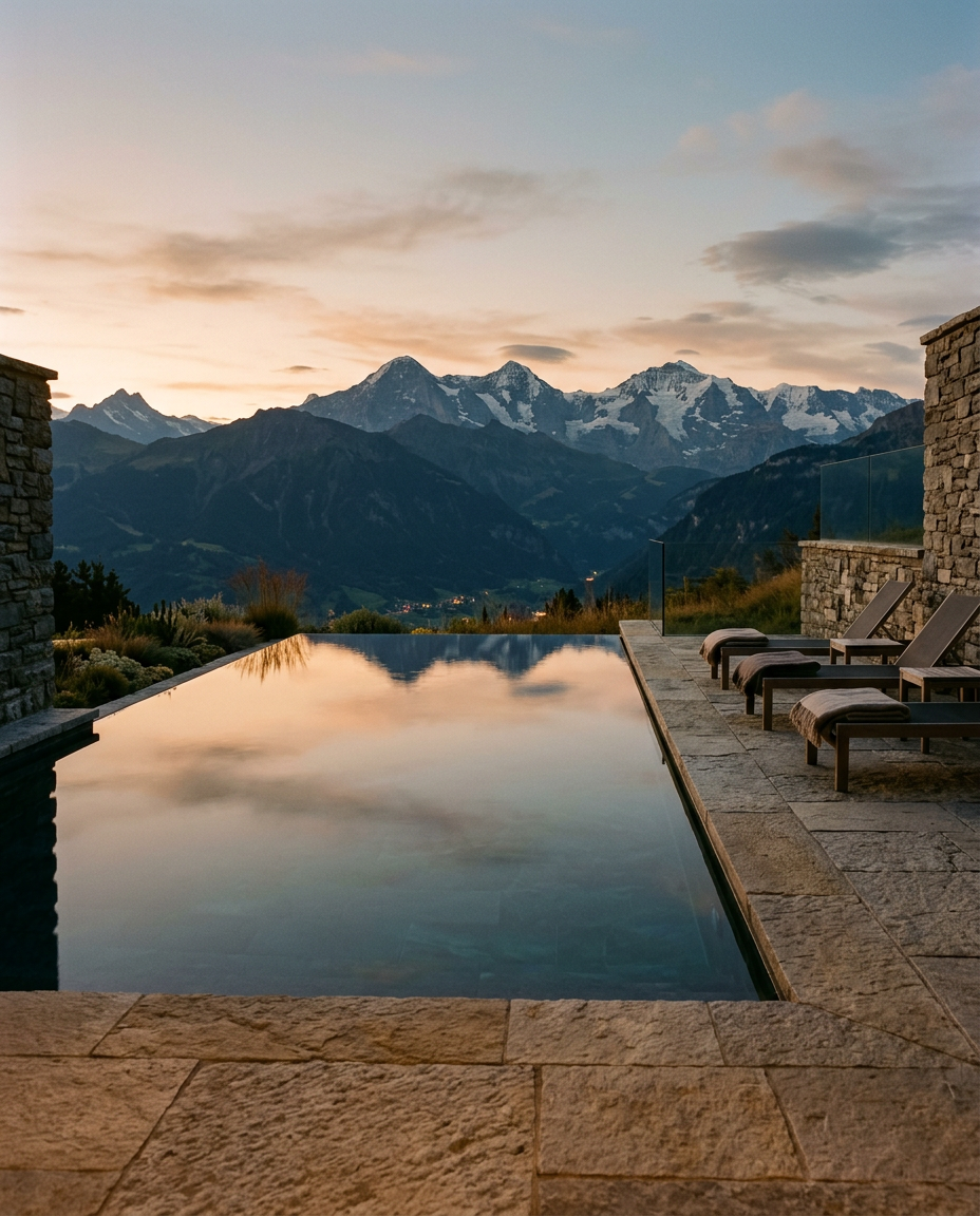 Infinity pool overlooking alpine mountains at dusk