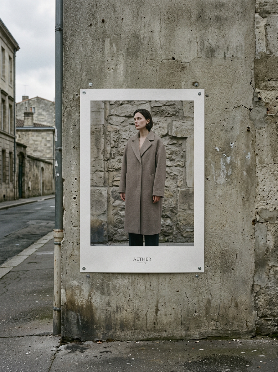 Campaign poster of a model in a taupe coat mounted on a concrete wall