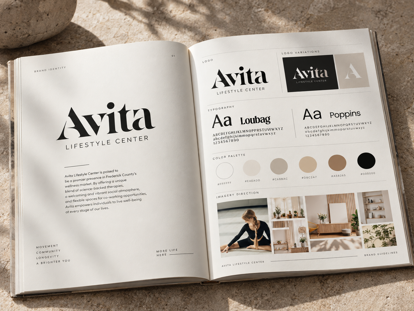 Avita Lifestyle Center brand guidelines open to logo, typography, palette and imagery pages