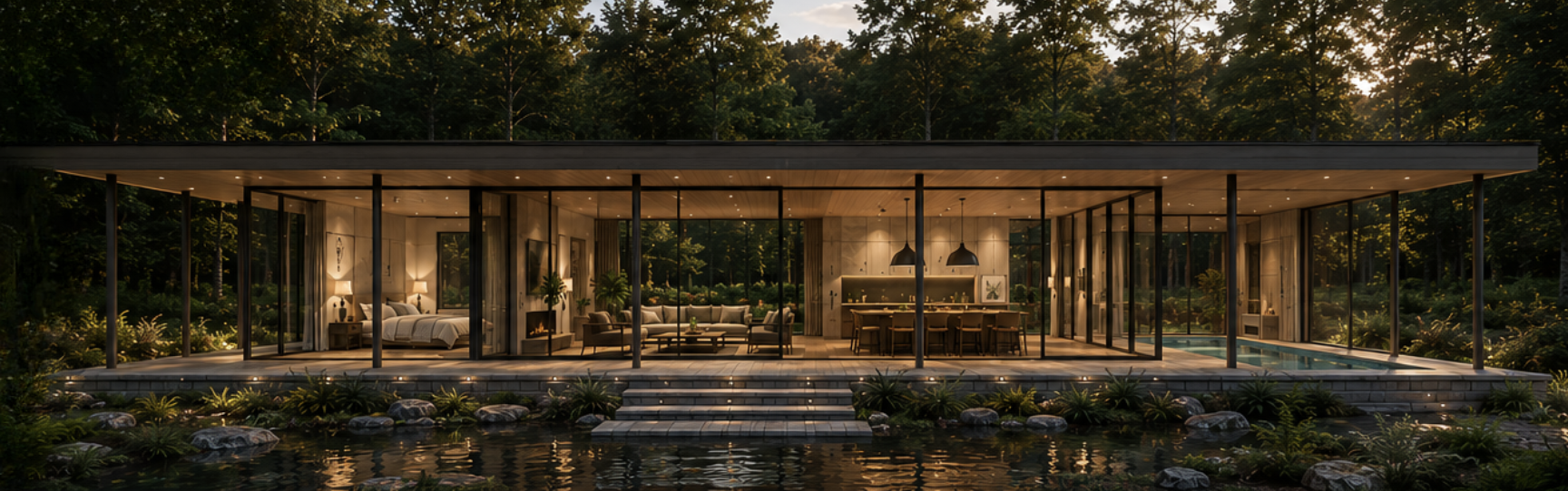 Glass-walled forest residence lit from within at dusk, reflected in a still pond