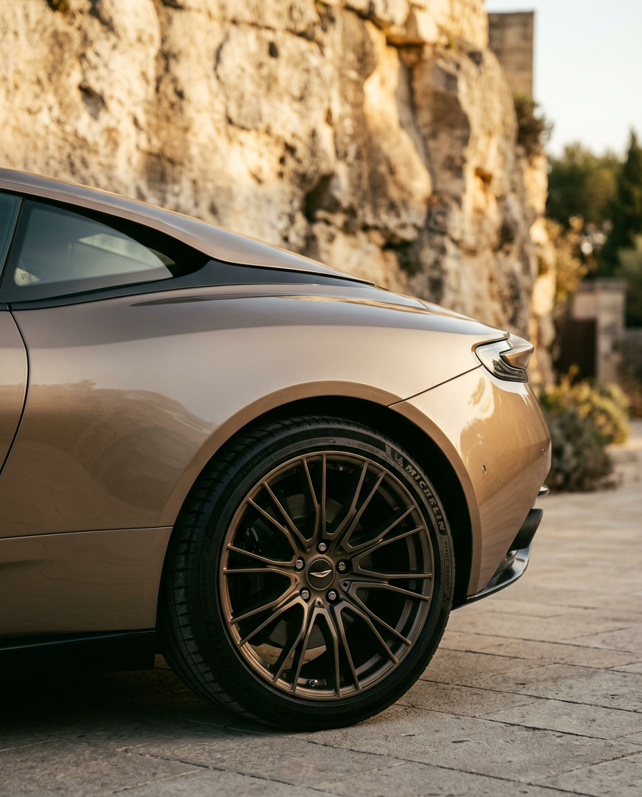 Close detail of a bronze sports car fender and wheel