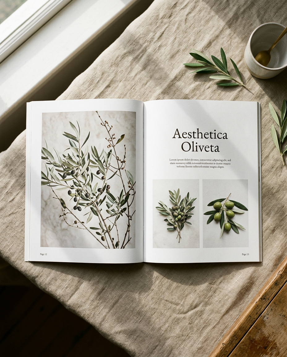 Open magazine spread with botanical photography